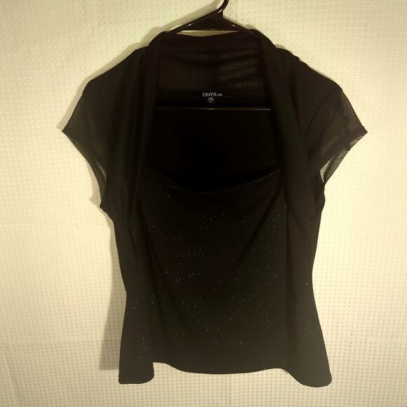 Onyx Nite Large Women’s Black Glitter Evening Top Sheer Sleeve Party Blouse USA - Picture 1 of 4
